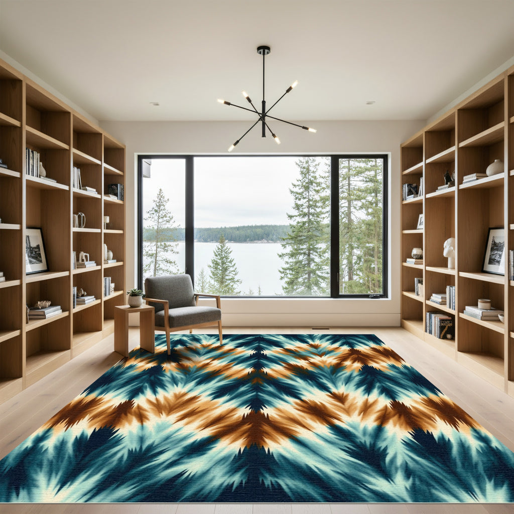 Abstract Teal and Amber Chevron Zigzag Rug