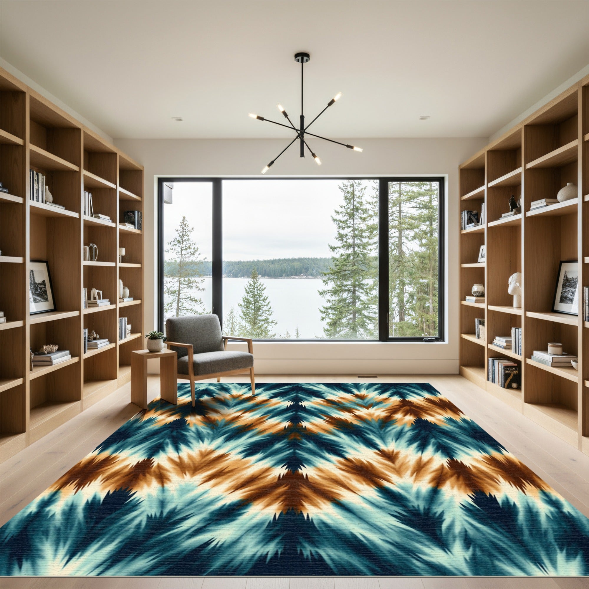 Abstract Teal and Amber Chevron Zigzag Rug
