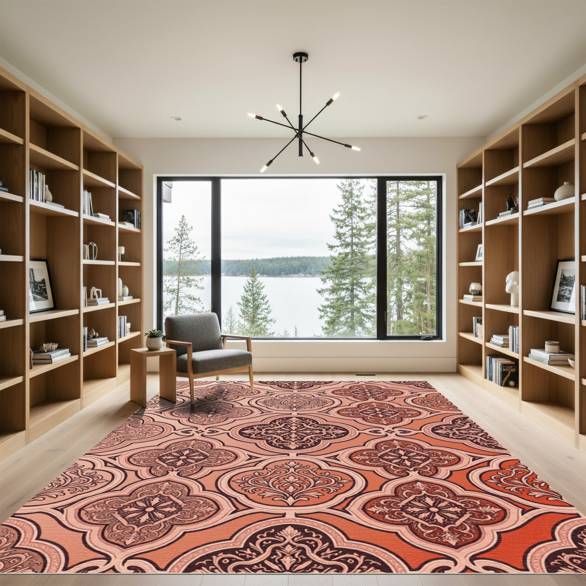 Coral Red Arabesque Medallion Scroll Rug