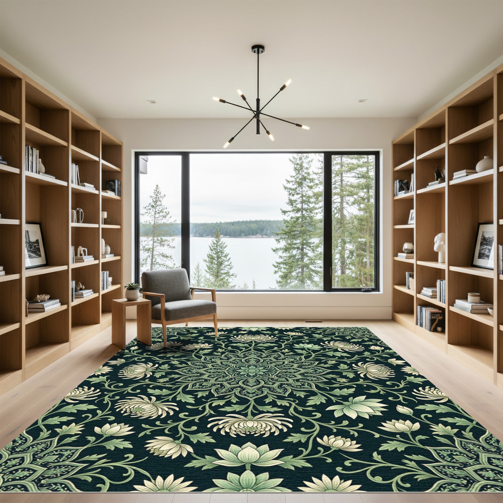 Dark Green White Floral Mandala Rug