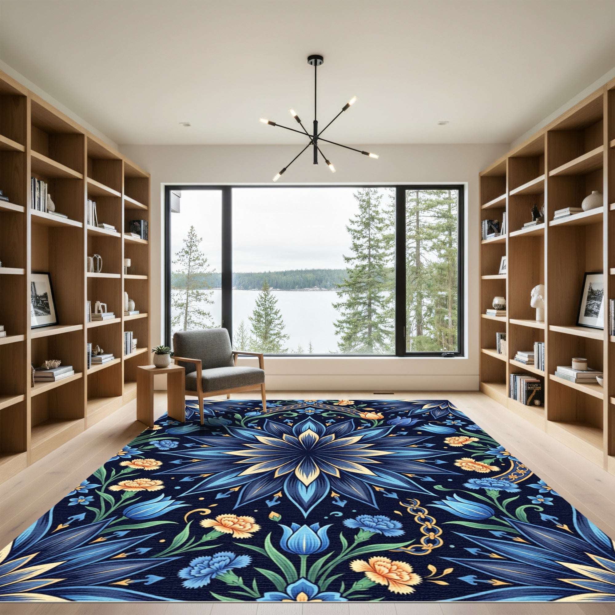 Deep Blue Floral Medallion Garden Rug