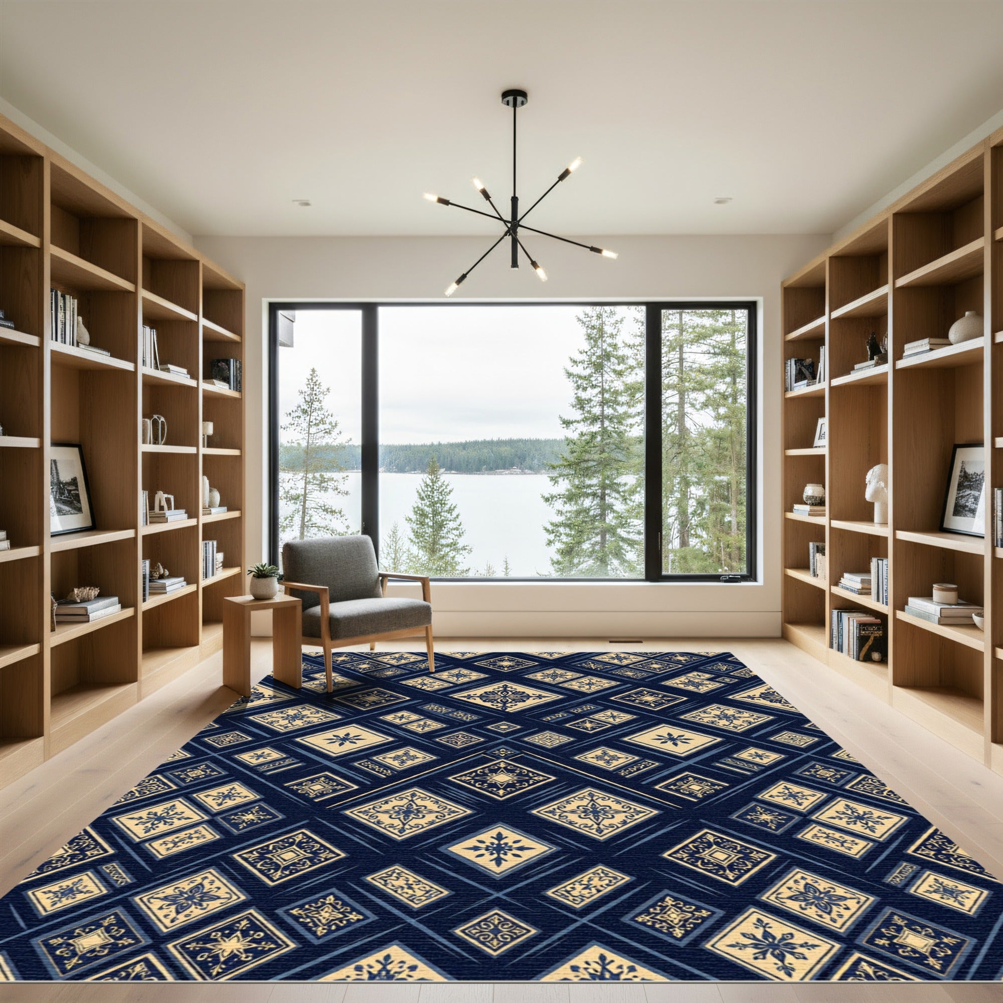 Deep Blue Golden Square Medallion Rug