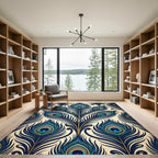 Elegant Teal Peacock Feather Art Deco Rug