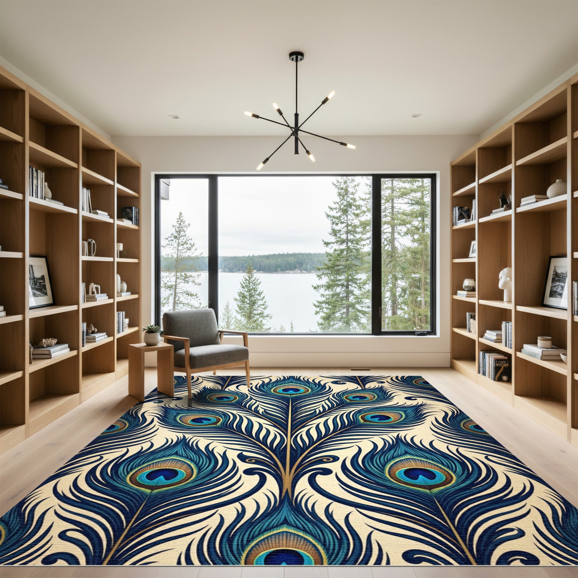 Elegant Teal Peacock Feather Art Deco Rug