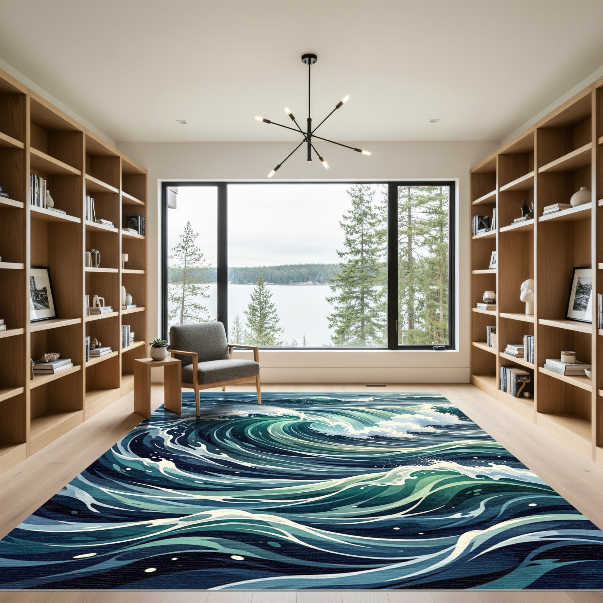 Deep Teal Swirling Ocean Waves Rug