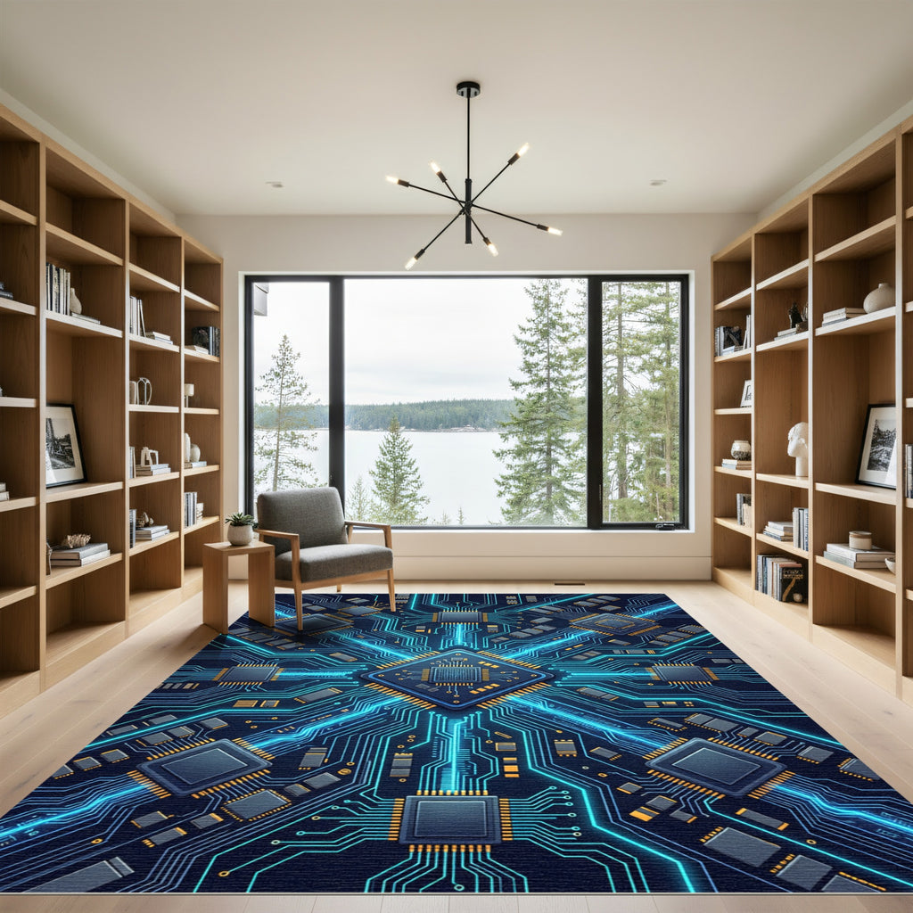 Glowing Neon Circuit Board Fractal Art Rug