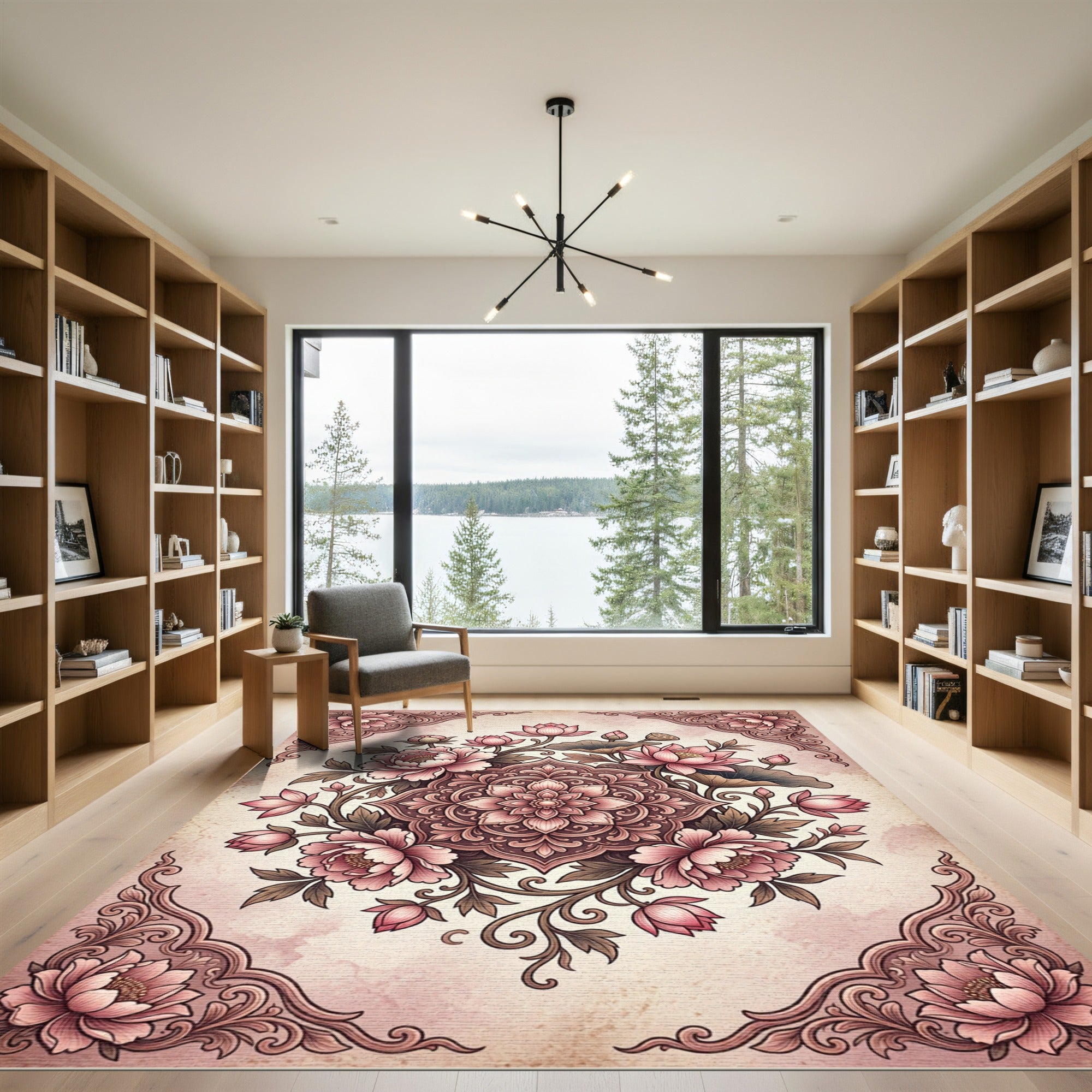 Blush Pink Floral Lotus Medallion Rug