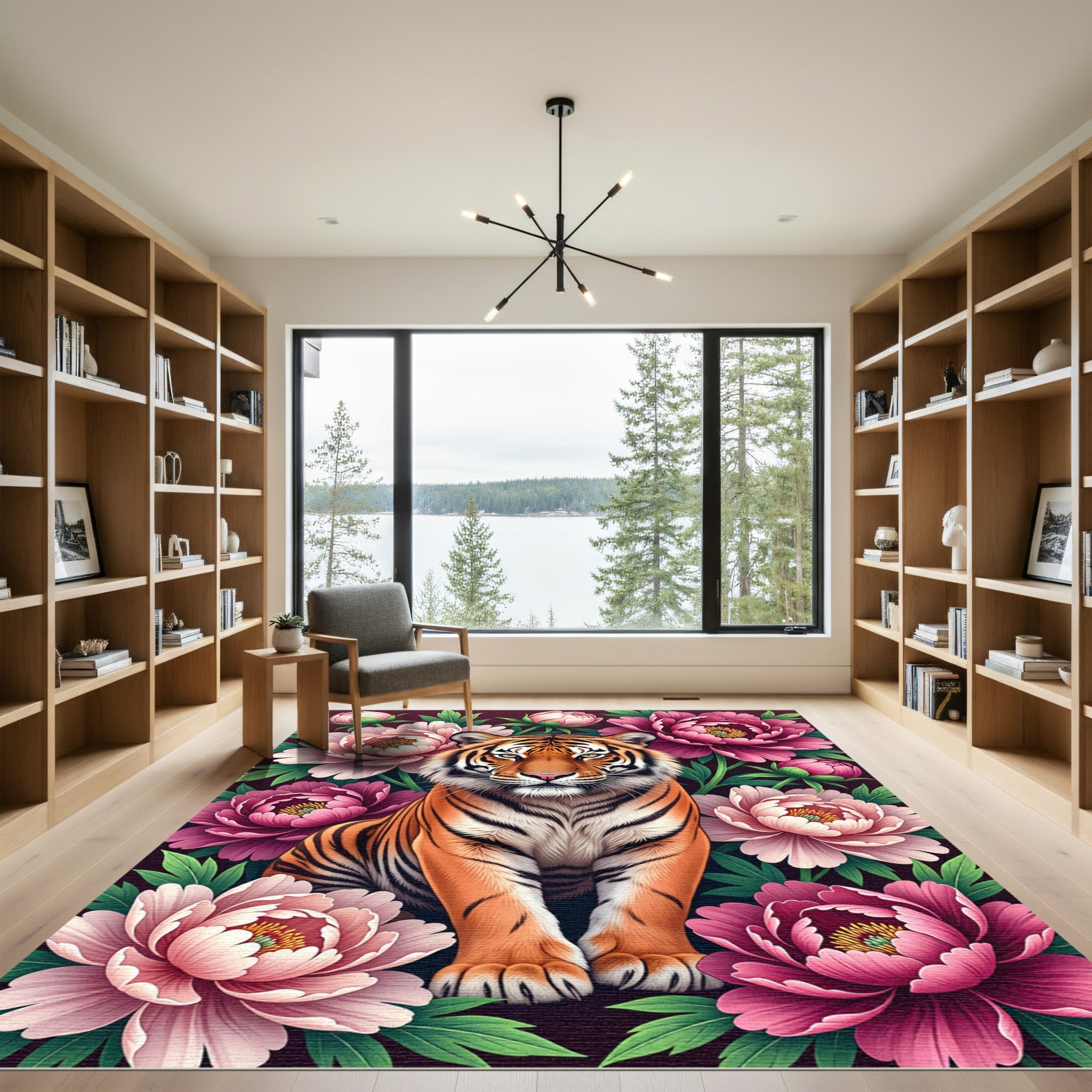 Majestic Tiger amidst Lush Pink Peonies Rug