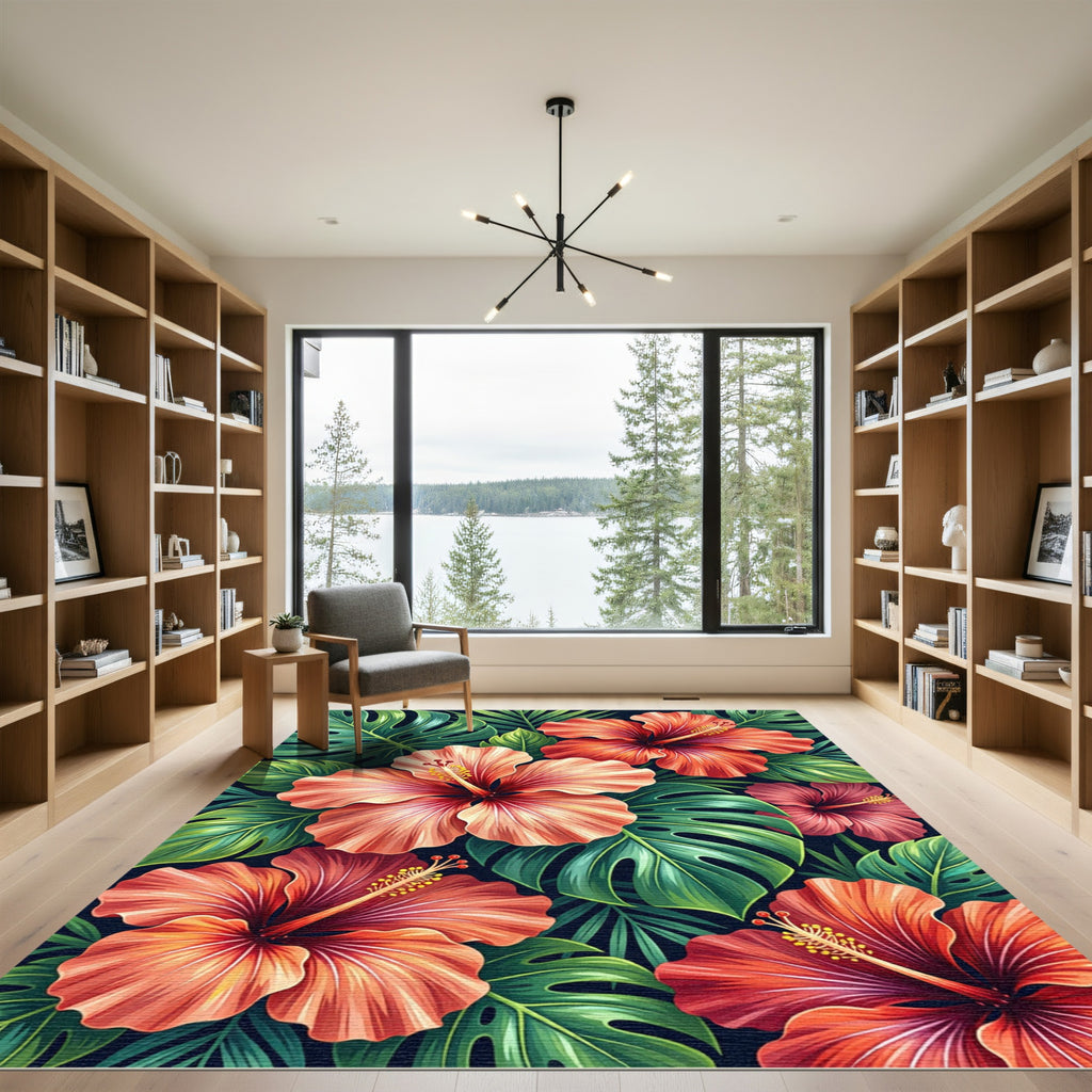 Lush Tropical Hibiscus Floral Art Rug