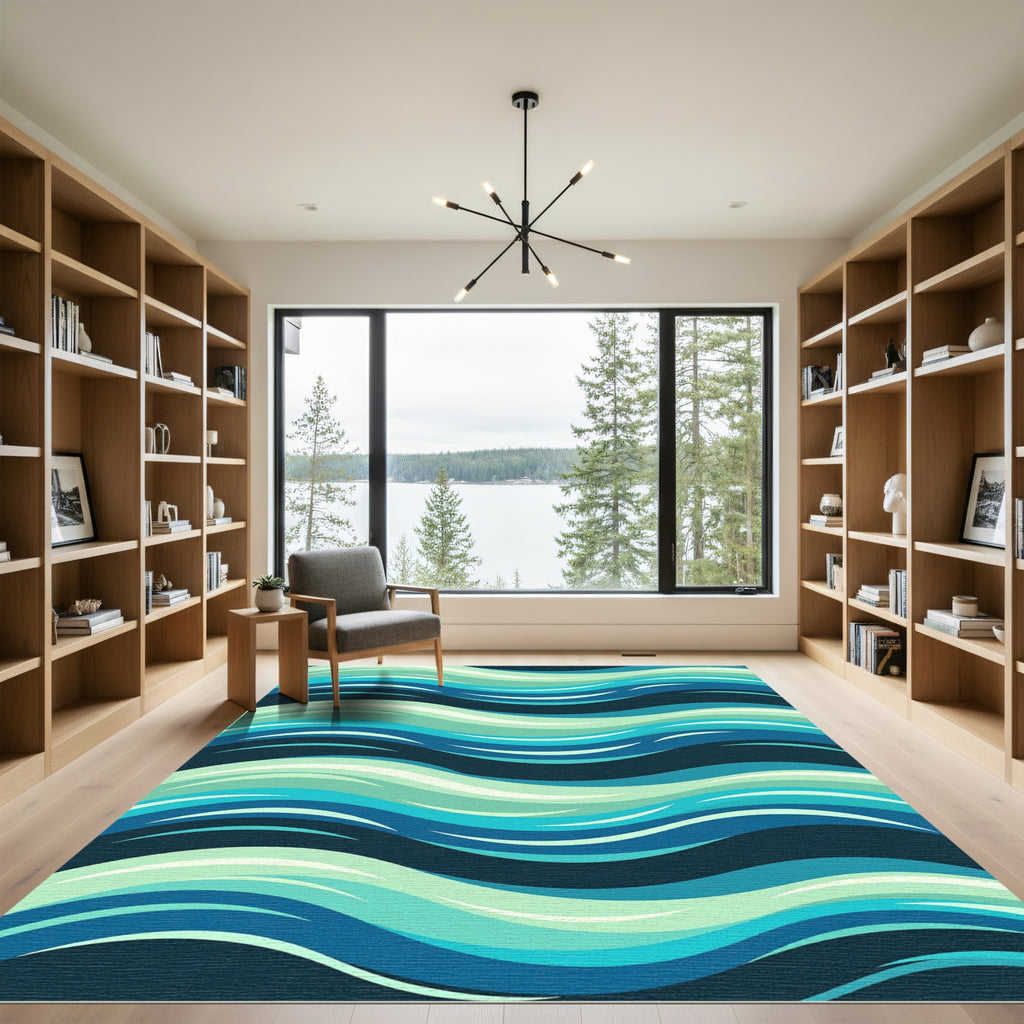 Modern Teal Blue Fluid Wave Gradient Rug