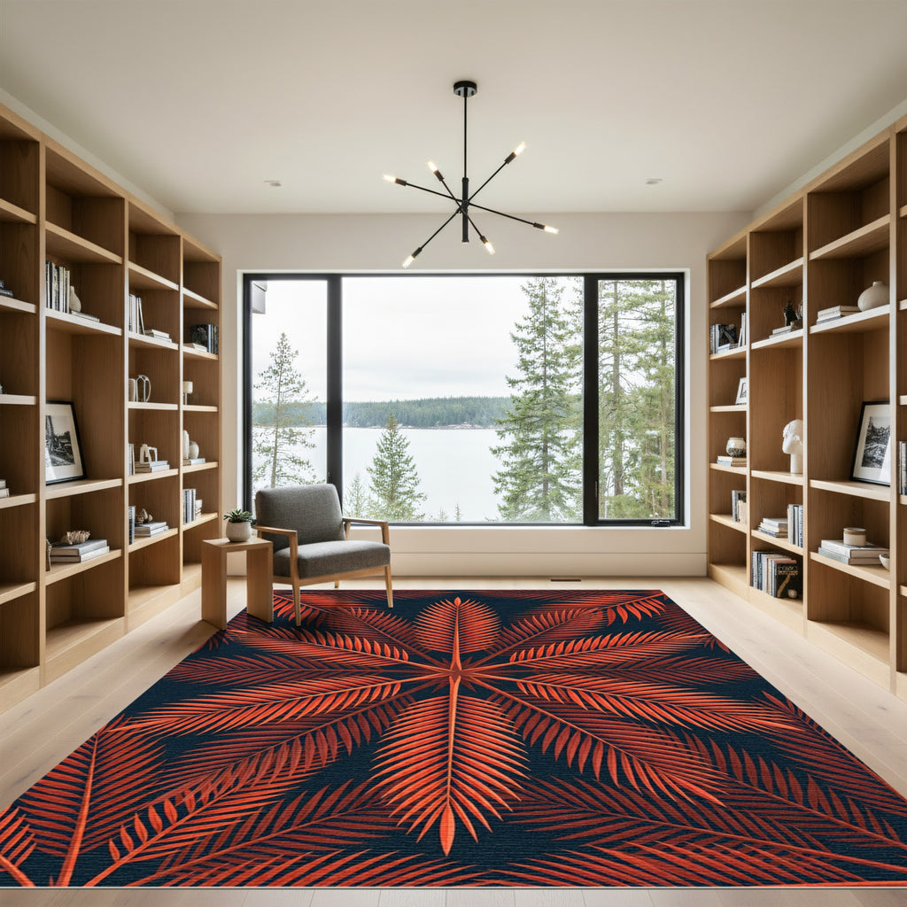 Fiery Orange Palm Leaf Bloom Rug