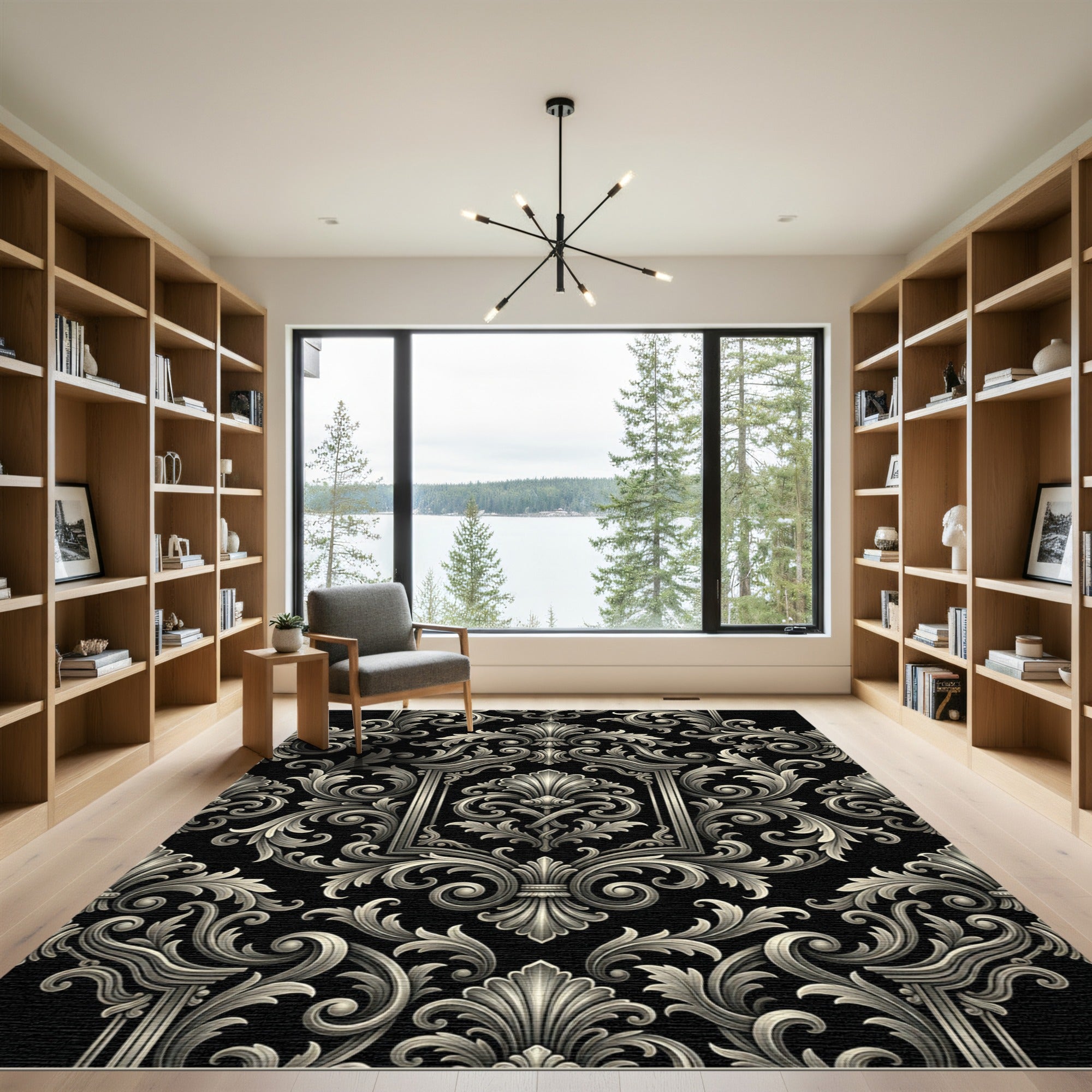 Ornate Black Silver Acanthus Scroll Rug