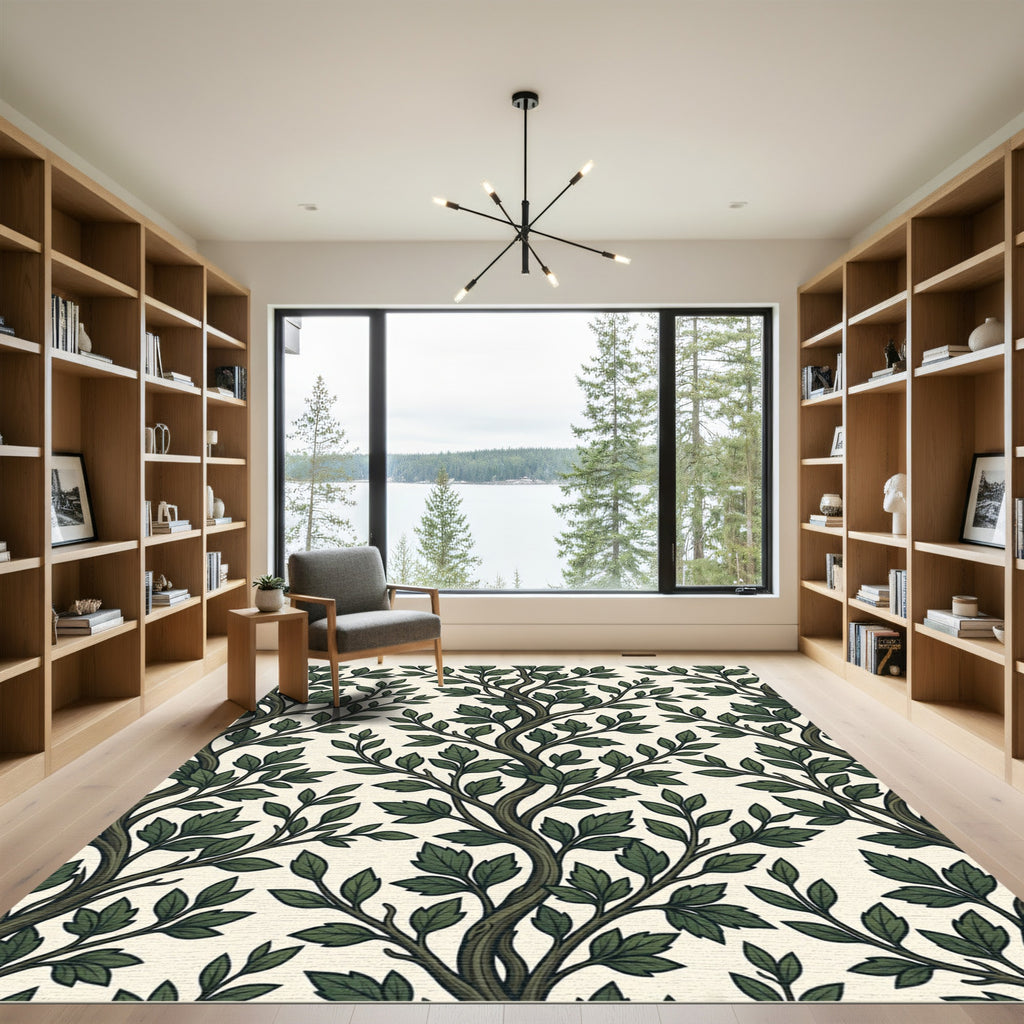 Earthy Forest Green Botanical Leaf Art Rug