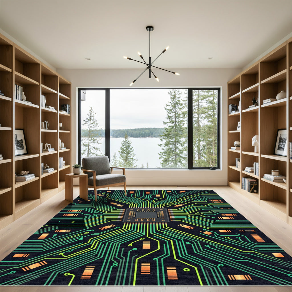 Circuit Board Green Tech Lines Rug