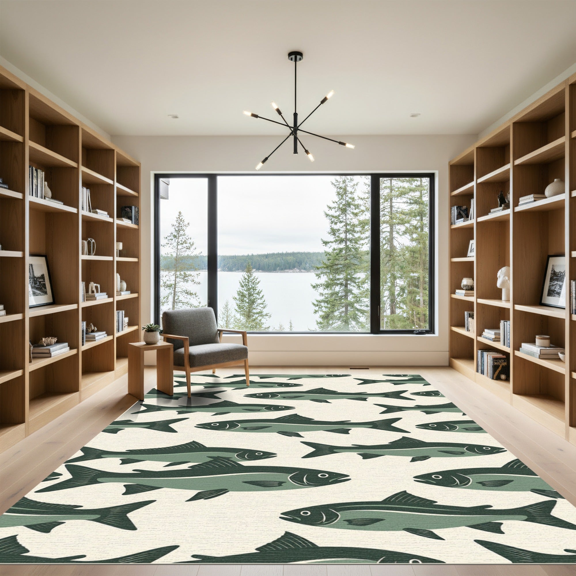 Mid-Century Modern Sage Green Fish School Rug