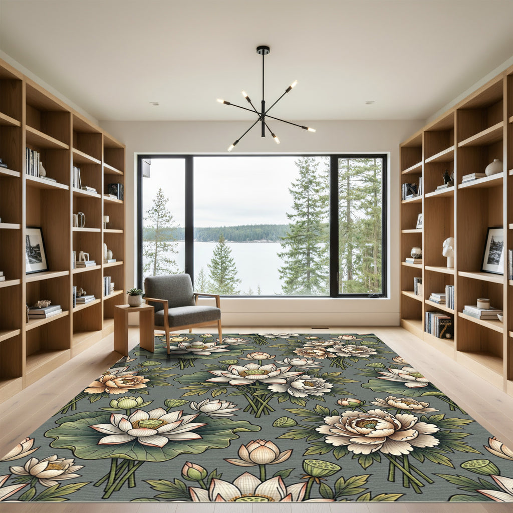 Vintage Cream Lotus Peony Garden Rug