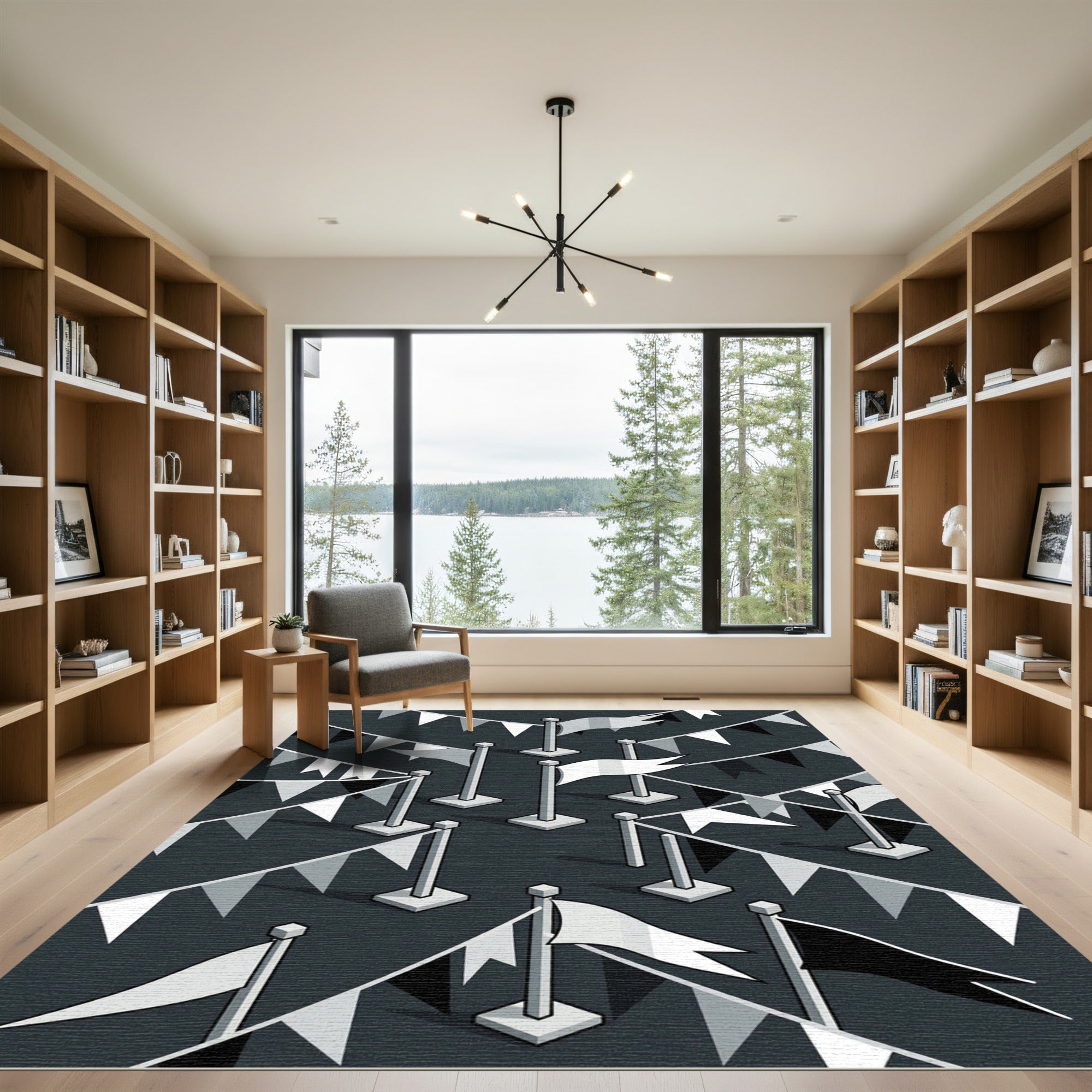 Monochrome Isometric Flag Banner Grid Rug