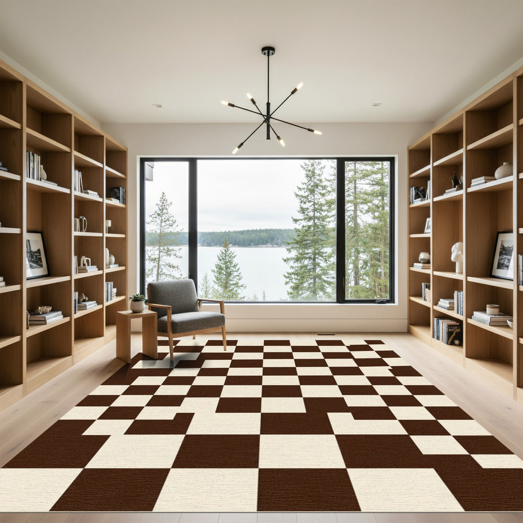 Modern Brown and Cream Irregular Checkered Rug