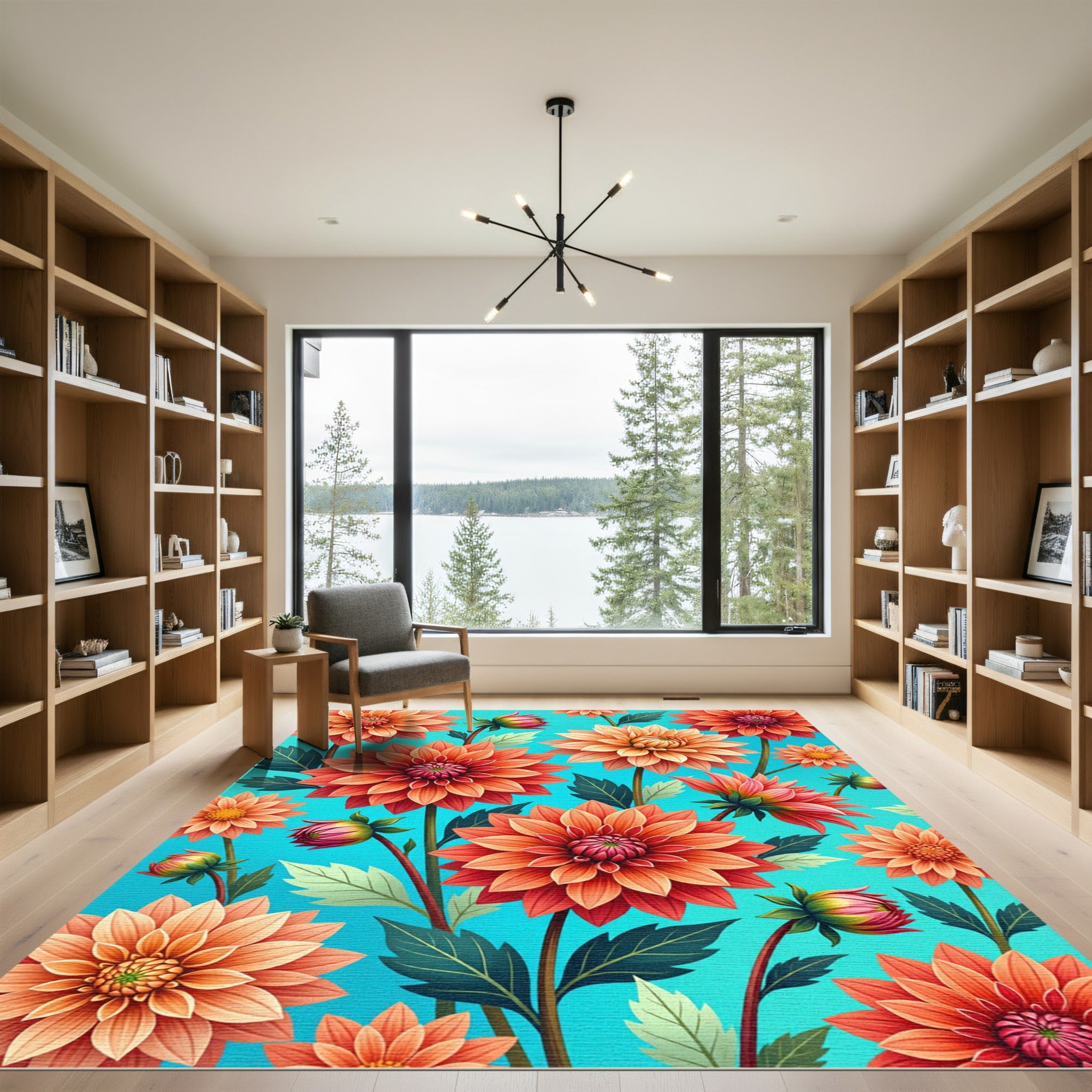 Vibrant Coral Dahlia Garden Scene Rug