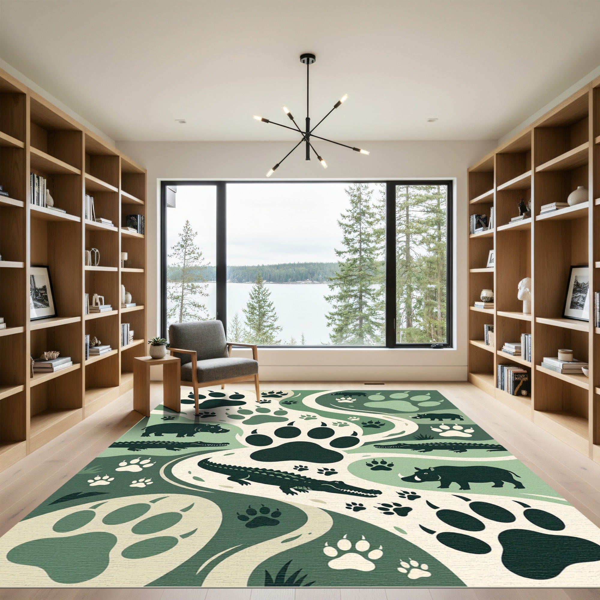 Sage Green Jungle Animal Tracks Illustration Rug