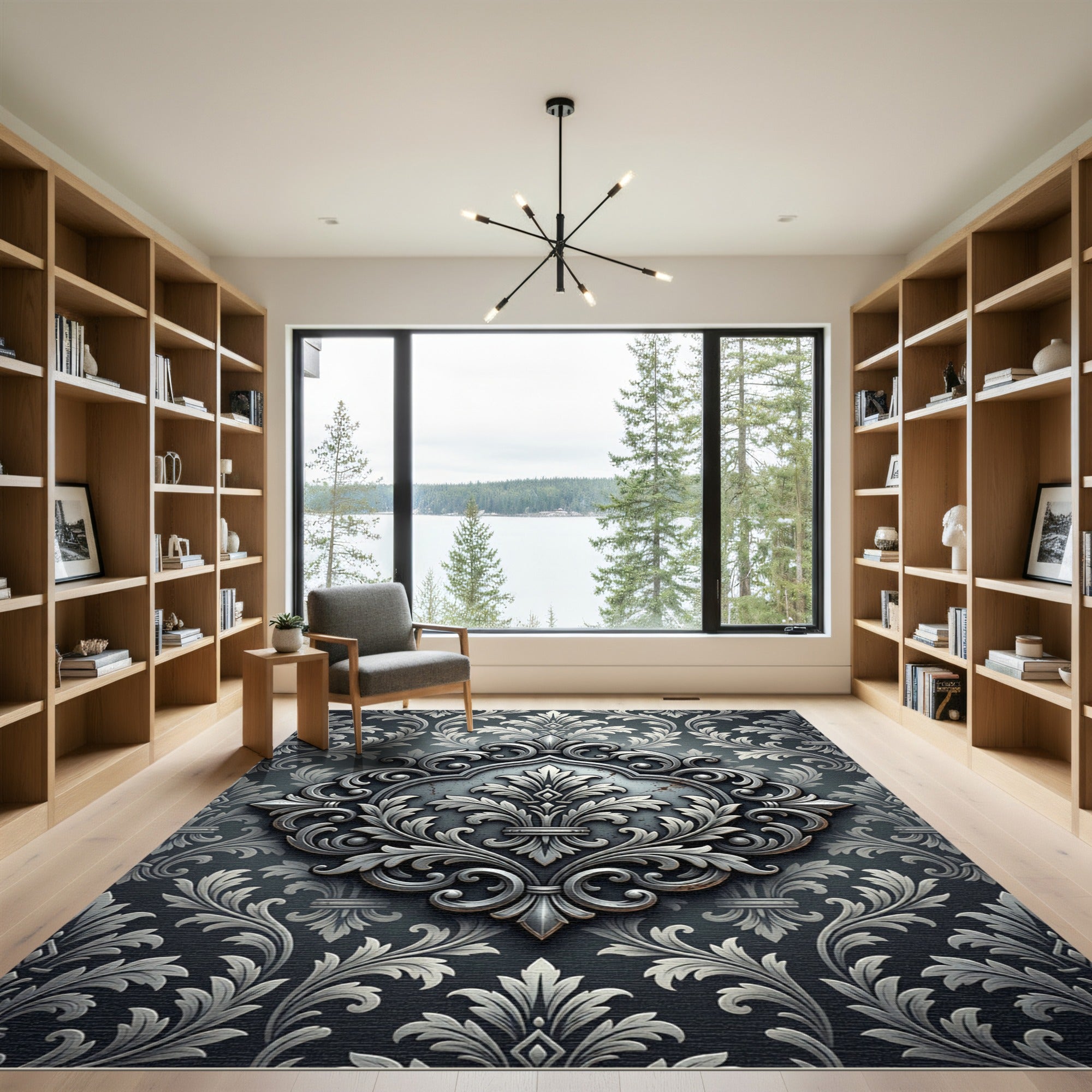 Elegant Silver Damask Filigree Medallion Rug