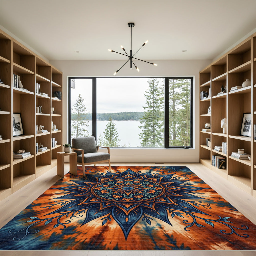 Vibrant Blue Orange Floral Mandala Rug
