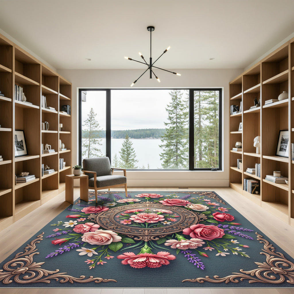 Elegant Pink Floral Rose Medallion Rug