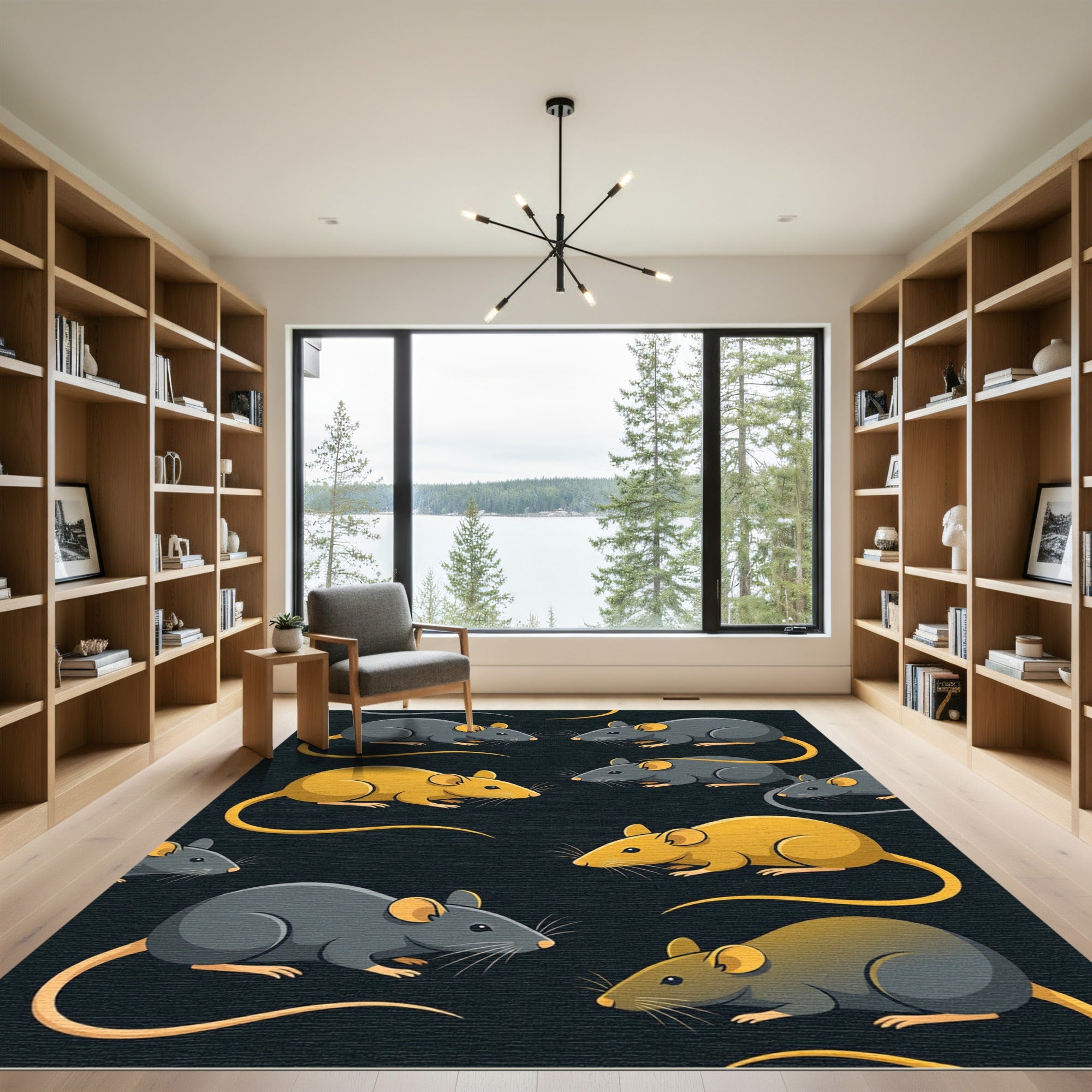 Playful Charcoal and Golden Mouse Illustration Rug