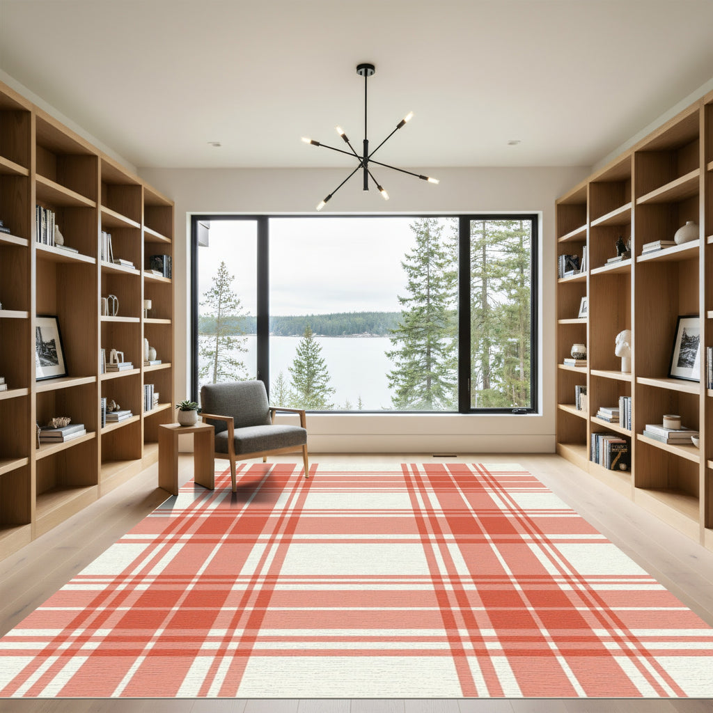 Coral Red White Tartan Plaid Rug