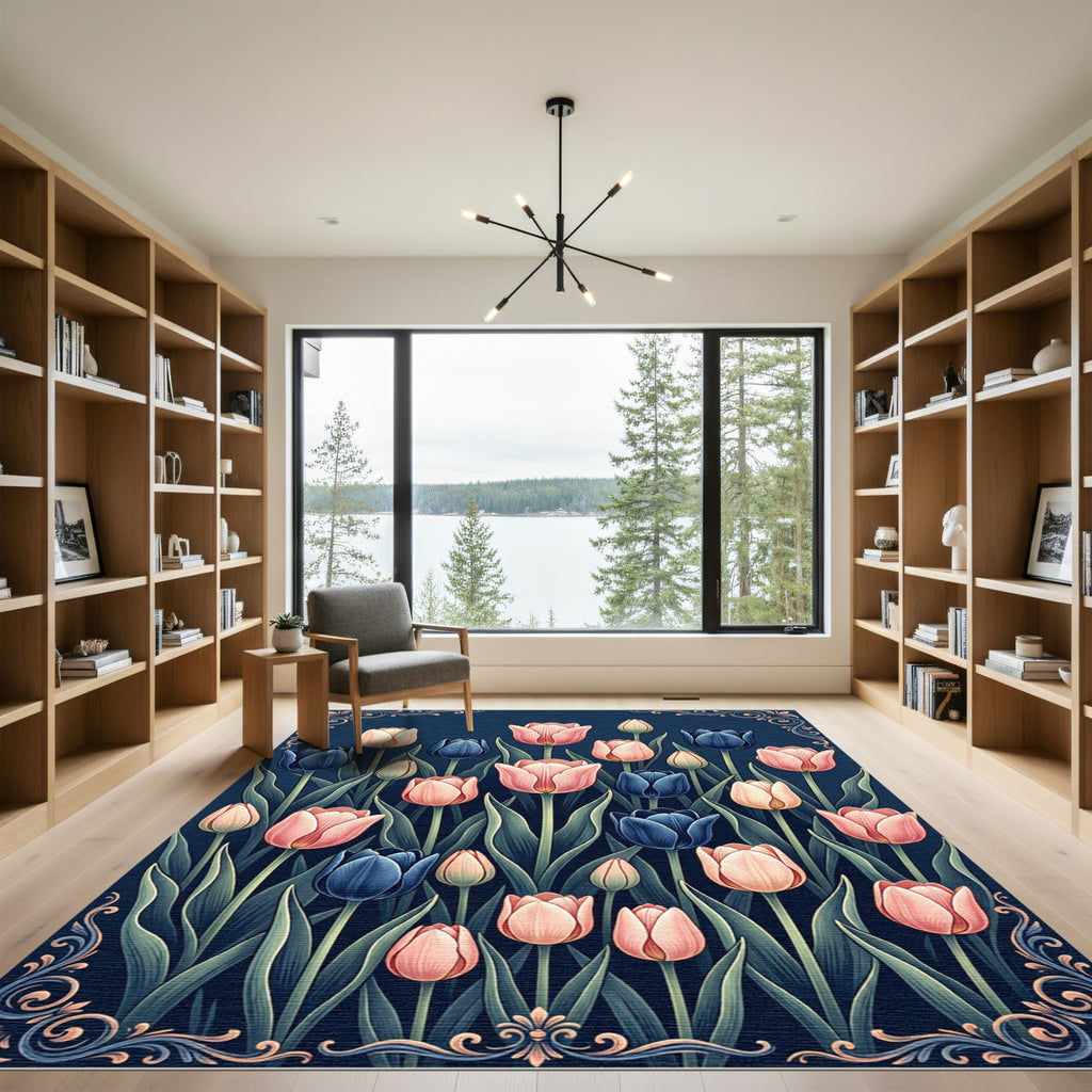 Elegant Blush and Navy Tulip Garden Rug
