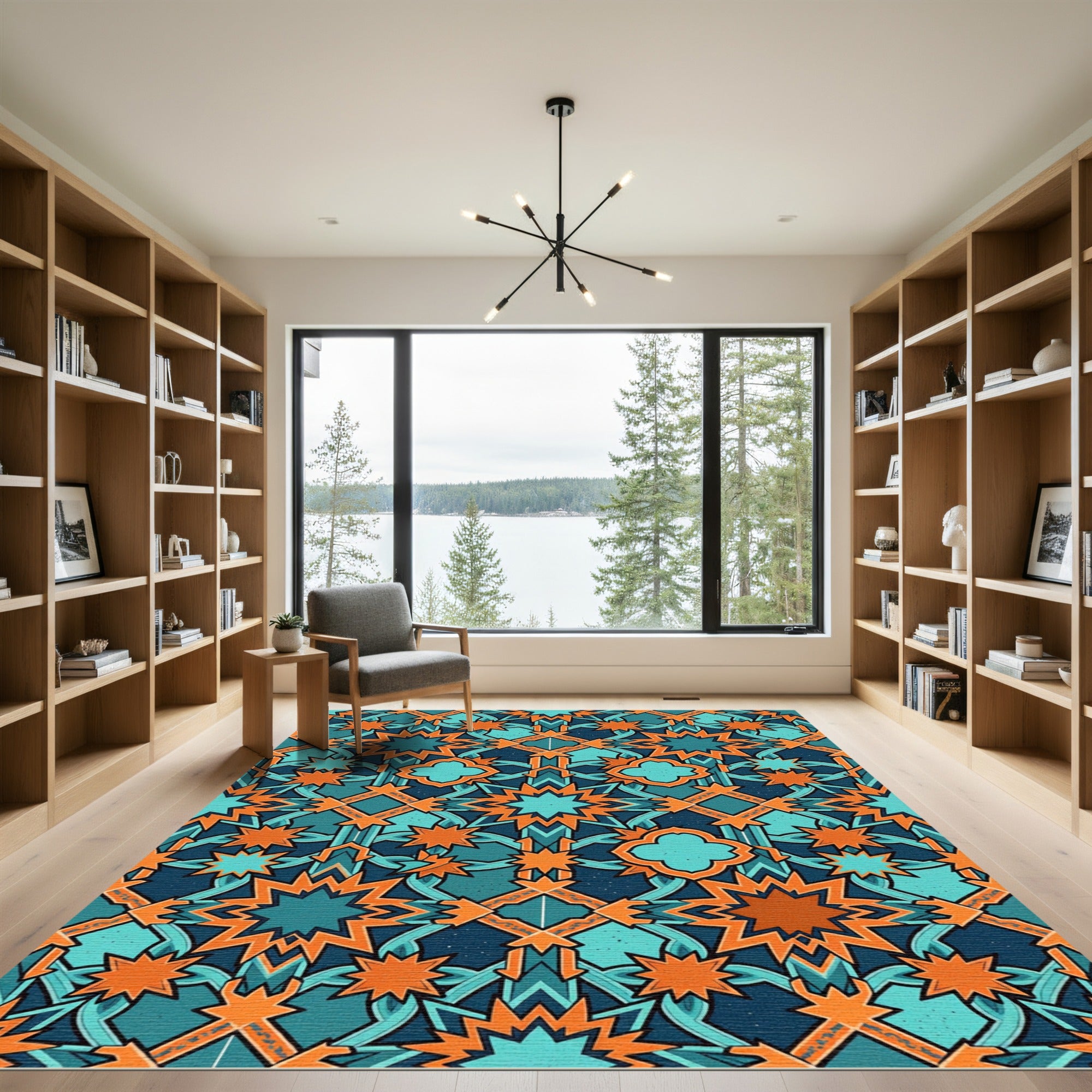 Teal Orange Geometric Star Mosaic Rug
