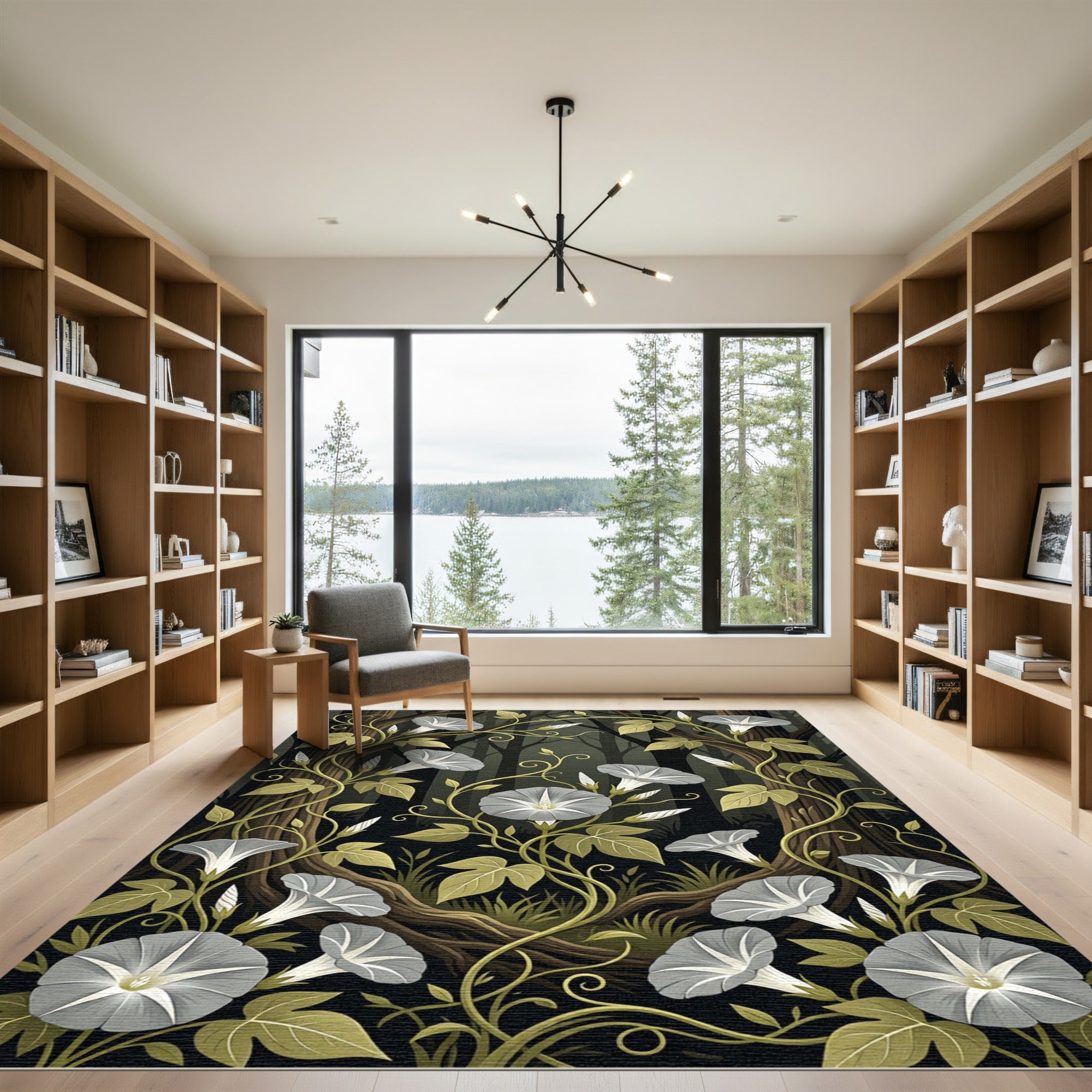 Ethereal Gray Moonflower Vine Botanical Rug