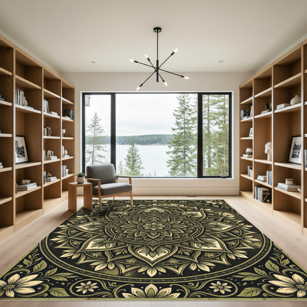 Earthy Sage Botanical Floral Mandala Rug