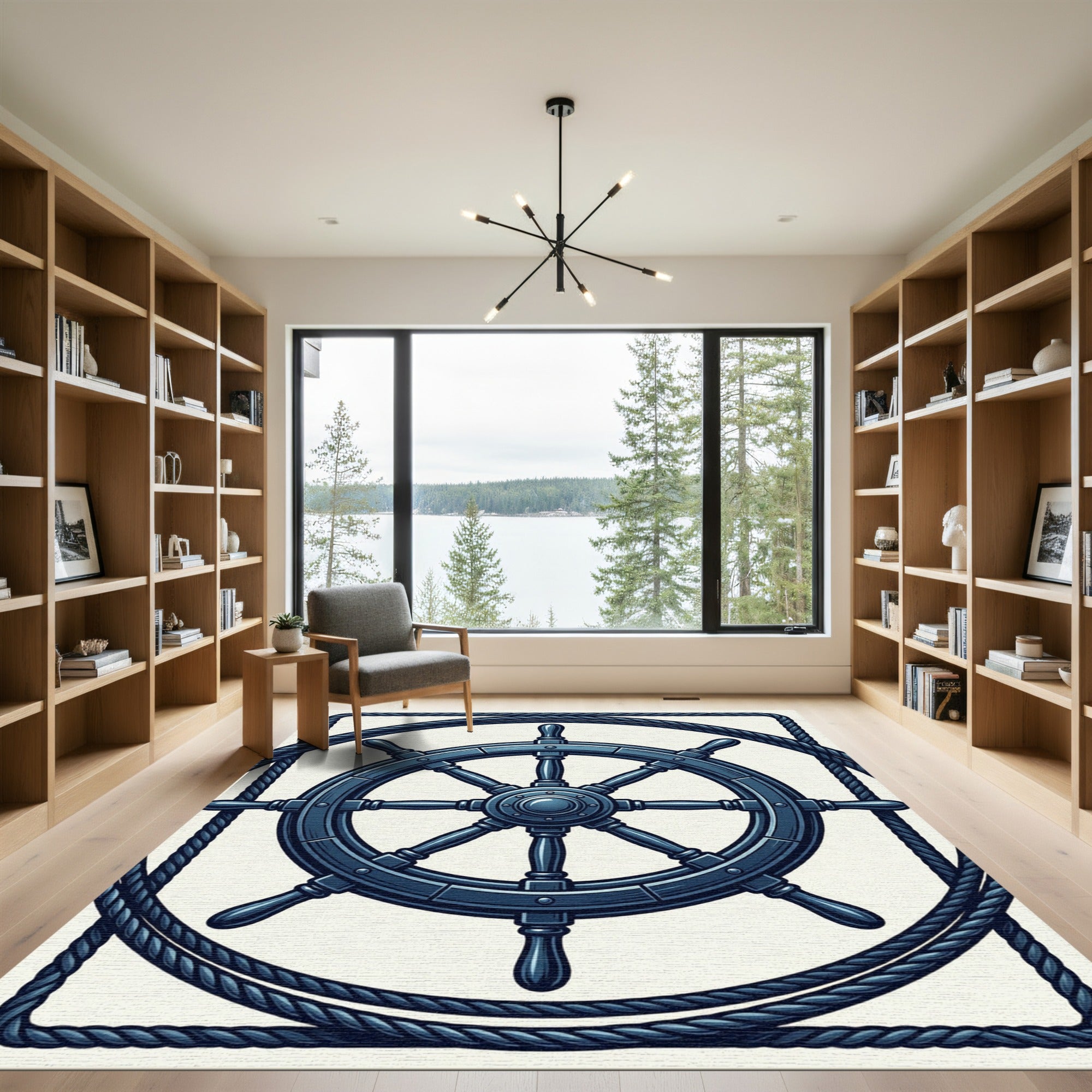 Nautical Ship Wheel Navy Rope Border Rug
