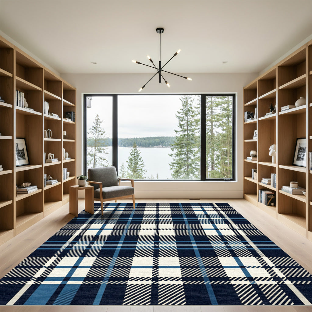 Classic Navy Cream Plaid Grid Rug