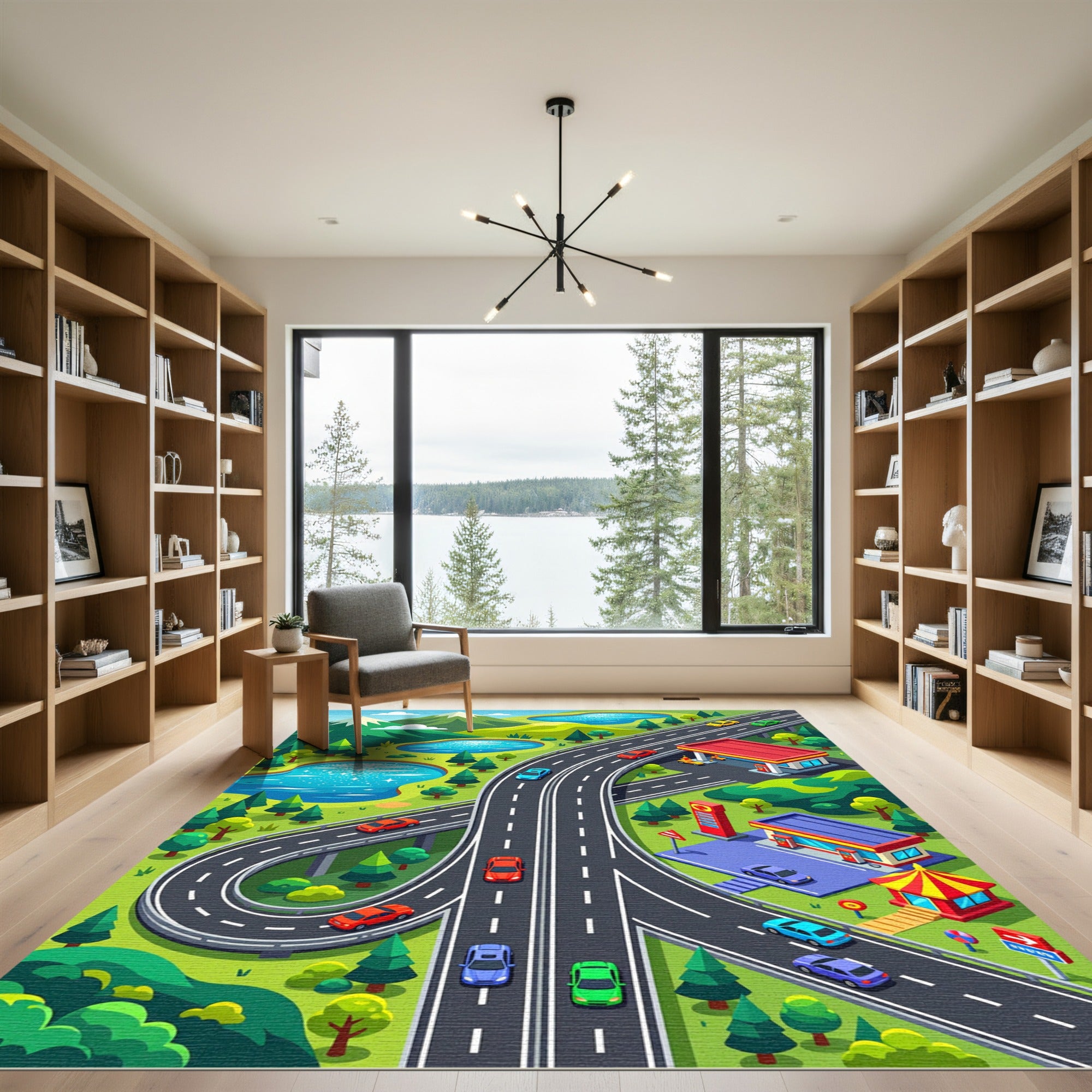 Vibrant Mountain Highway Transit Landscape Rug