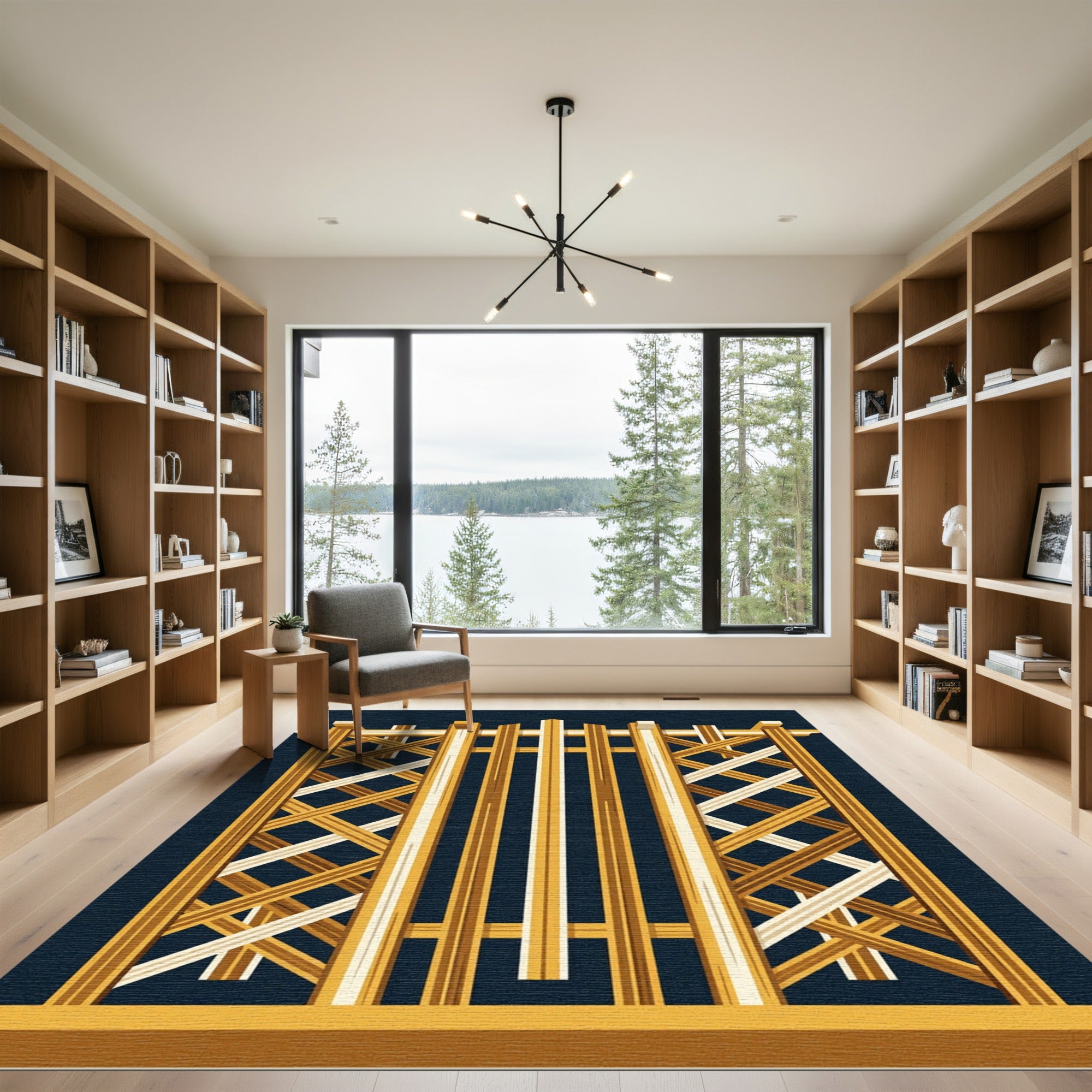 Golden Lattice Geometric Wood Grid Rug