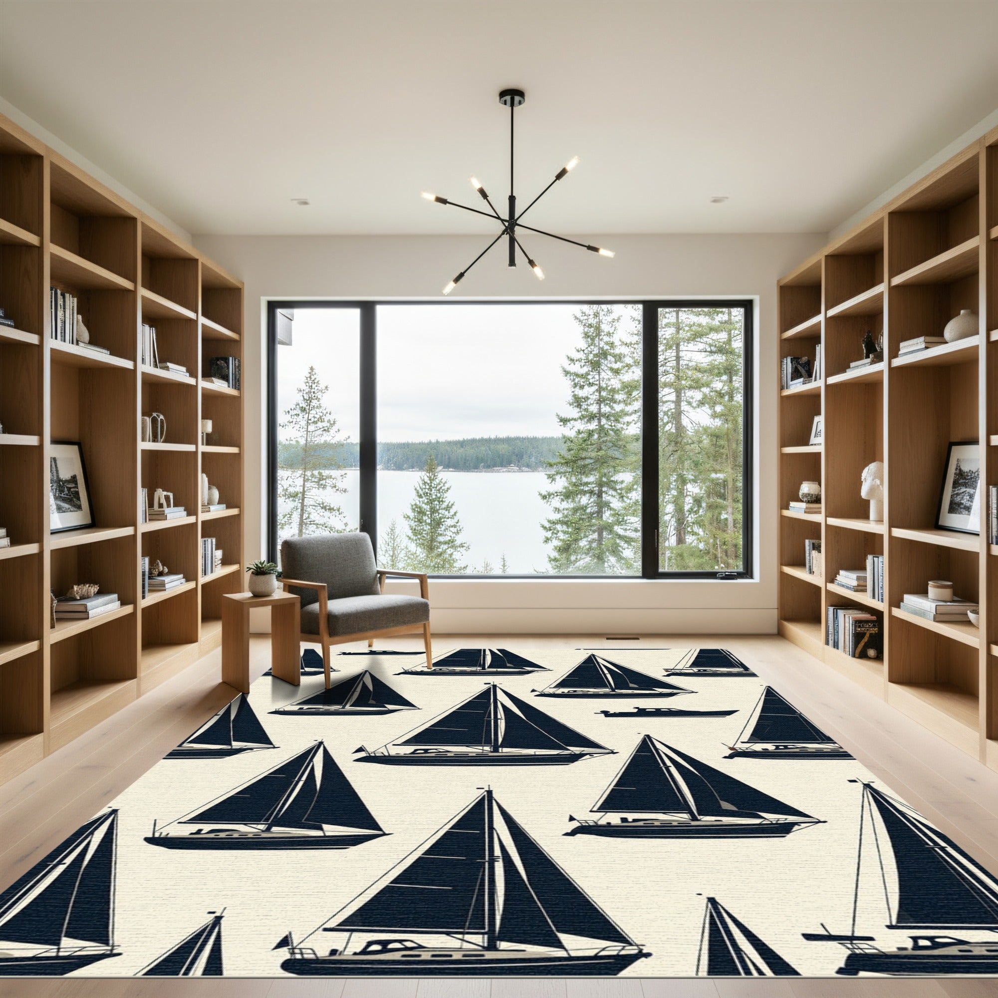 Navy Sailboat Pattern Nautical Motif Rug