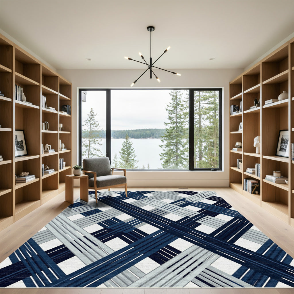 Navy Gray Intersecting Stripe Rug