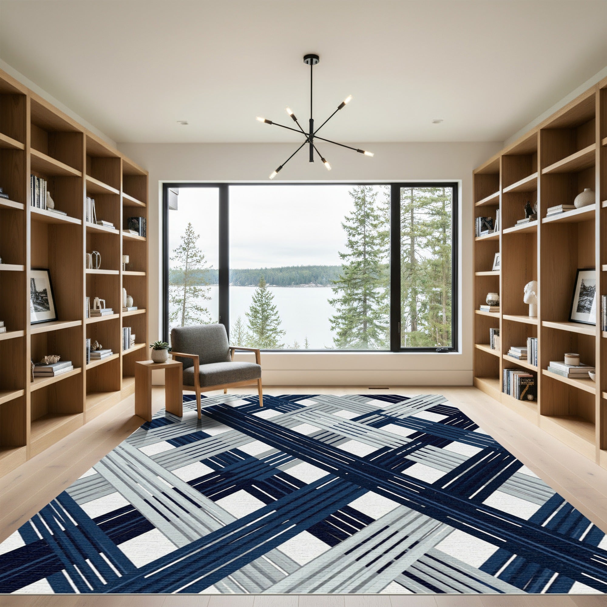Navy Gray Intersecting Stripe Rug