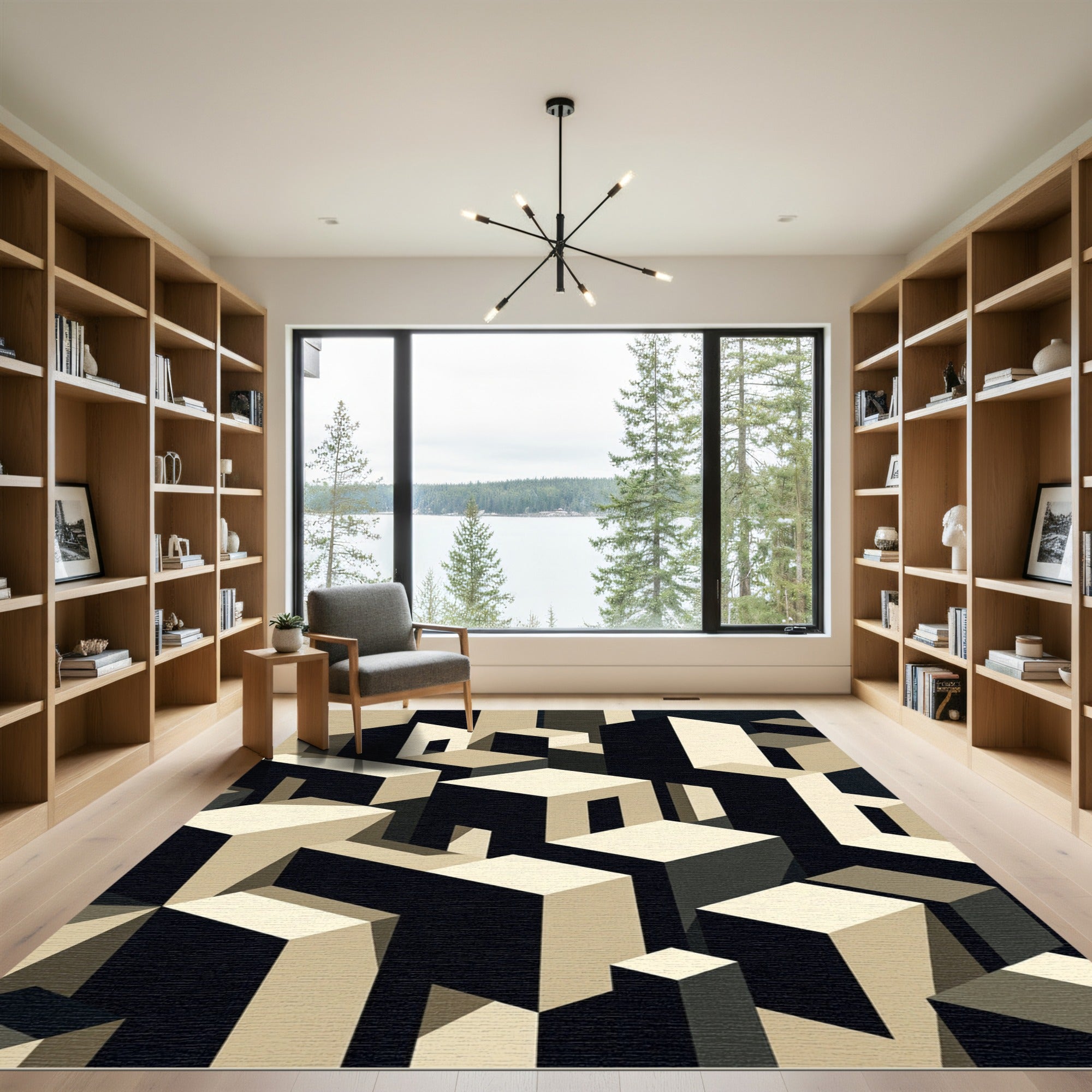 Geometric Isometric Monotone Skyscraper Art Rug