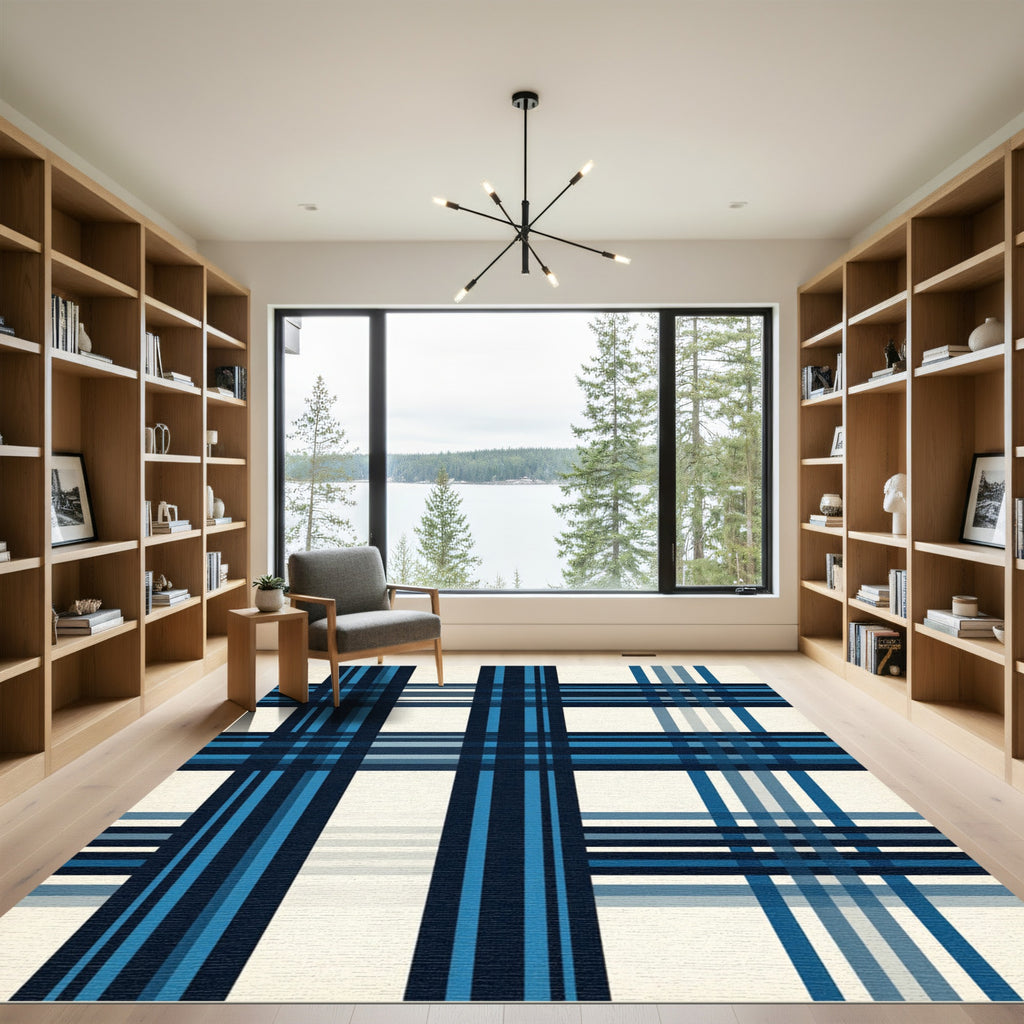 Vivid Blue Plaid Lines Rug