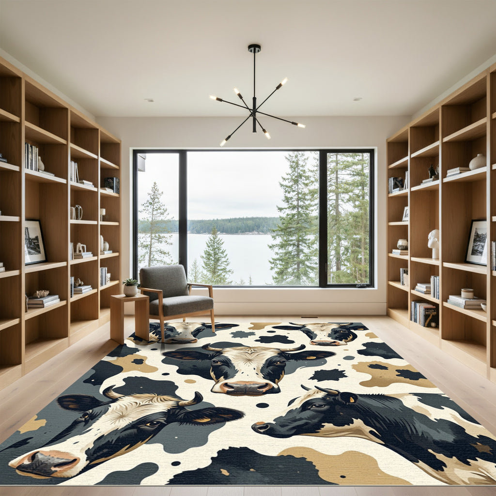 Black and Cream Whimsical Cow Faces Rug