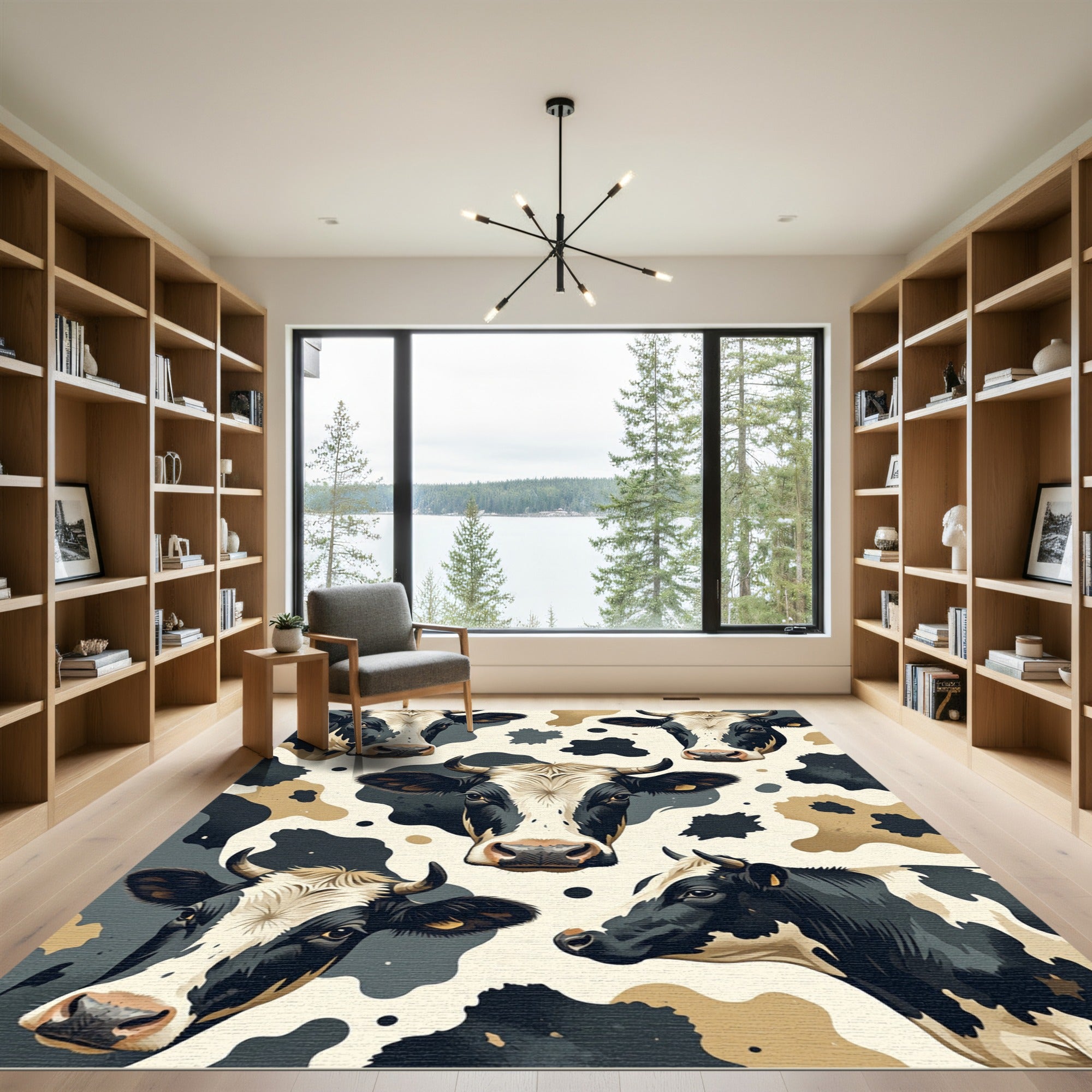 Black and Cream Whimsical Cow Faces Rug