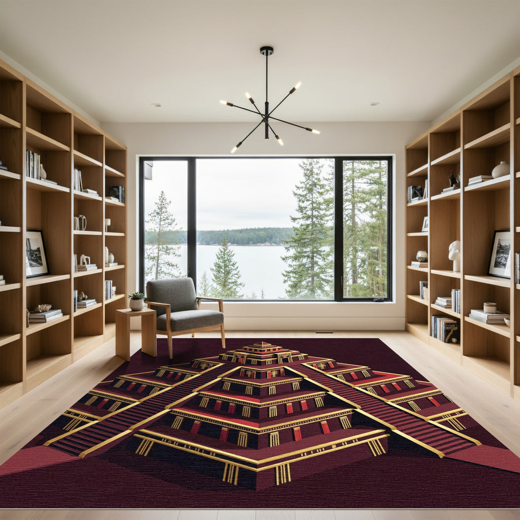 Geometric Crimson Golden Ziggurat Architecture Rug