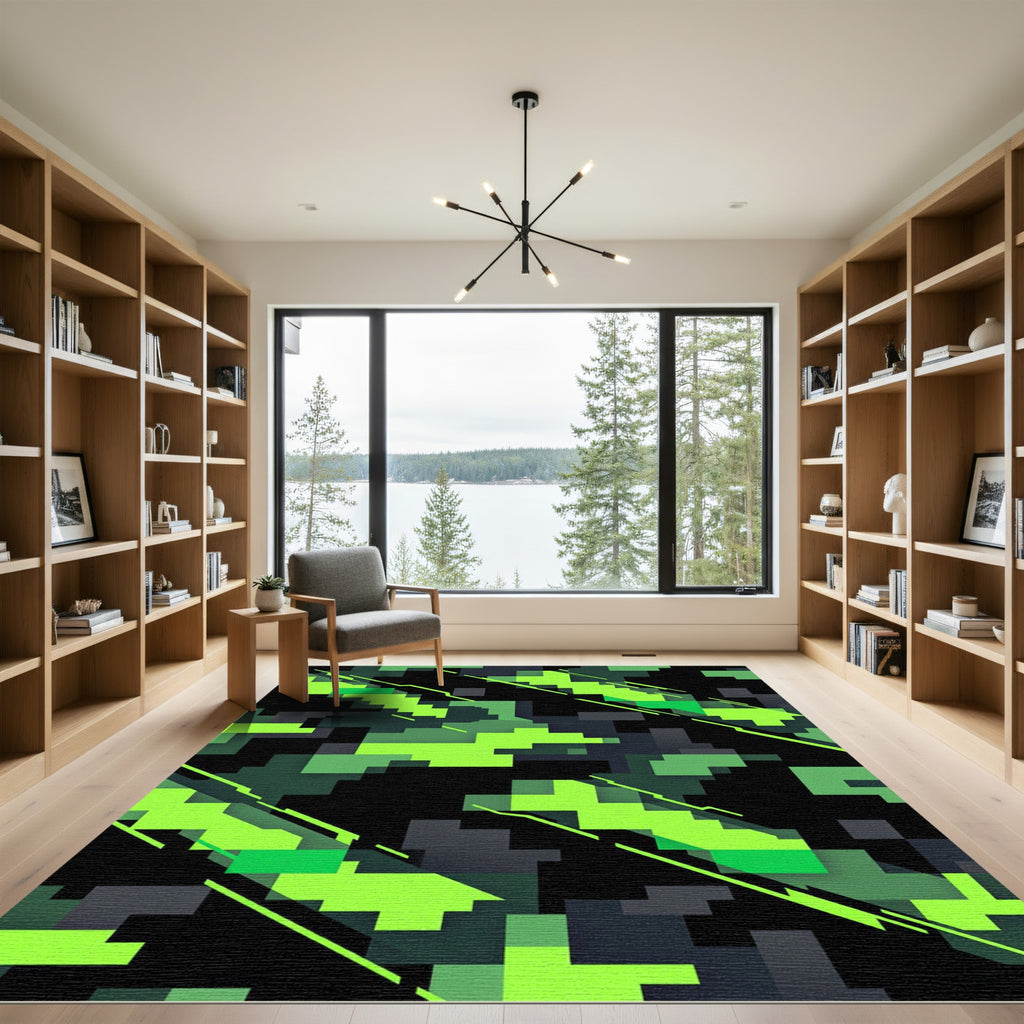 Neon Green Pixelated Cyber Camouflage Rug