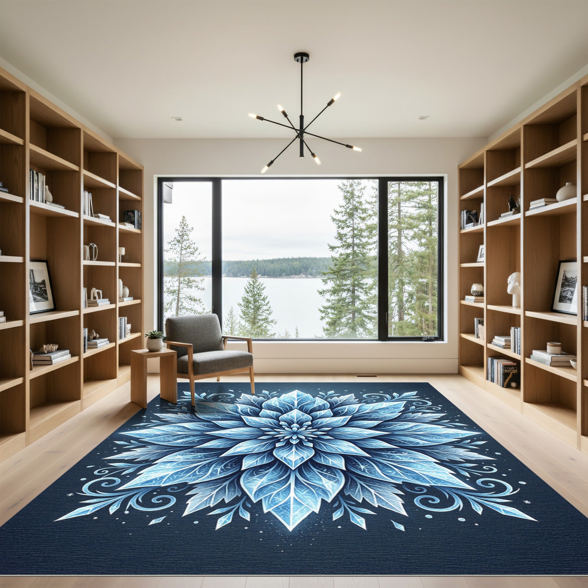 Icy Blue Crystal Floral Mandala Rug