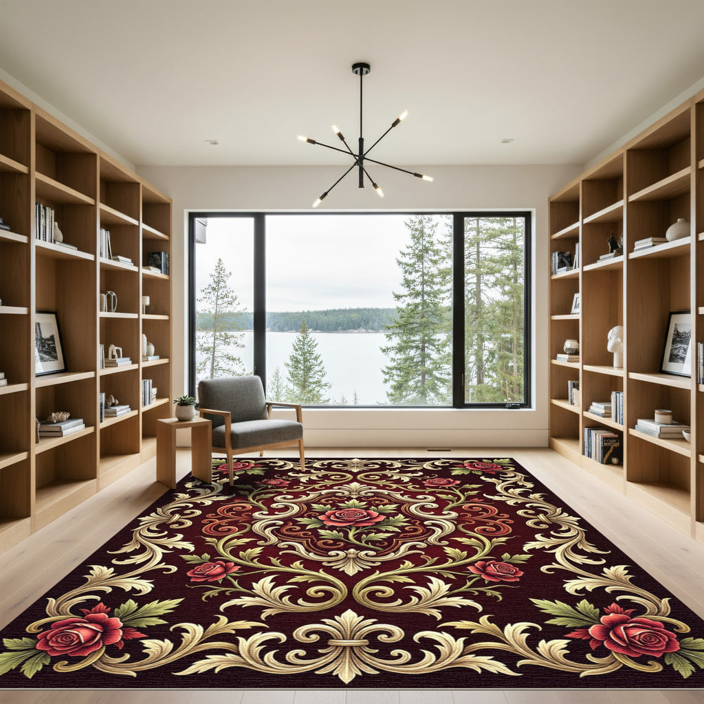 Regal Red Rose Acanthus Scroll Rug