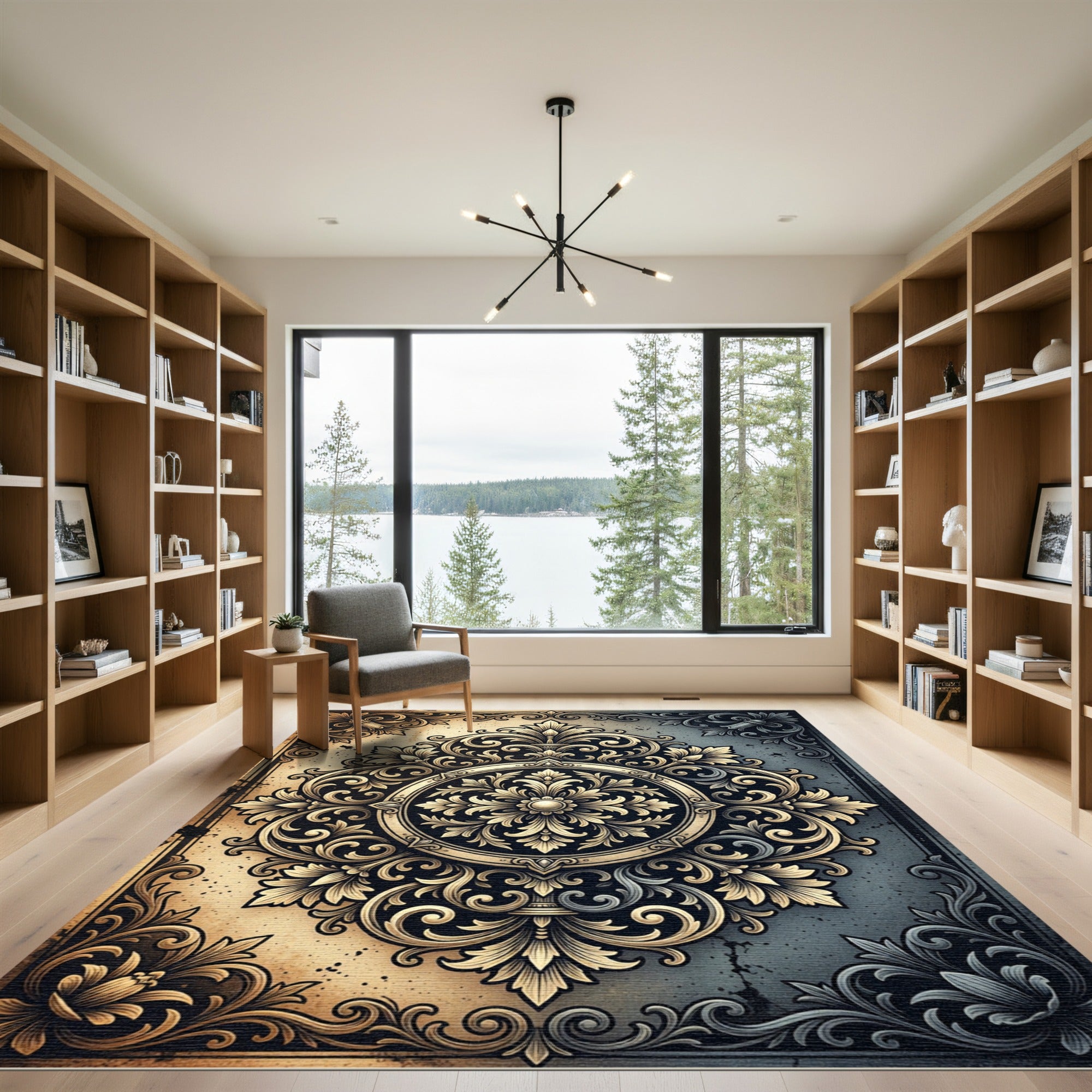 Elegant Gold Silver Ornate Medallion Rug