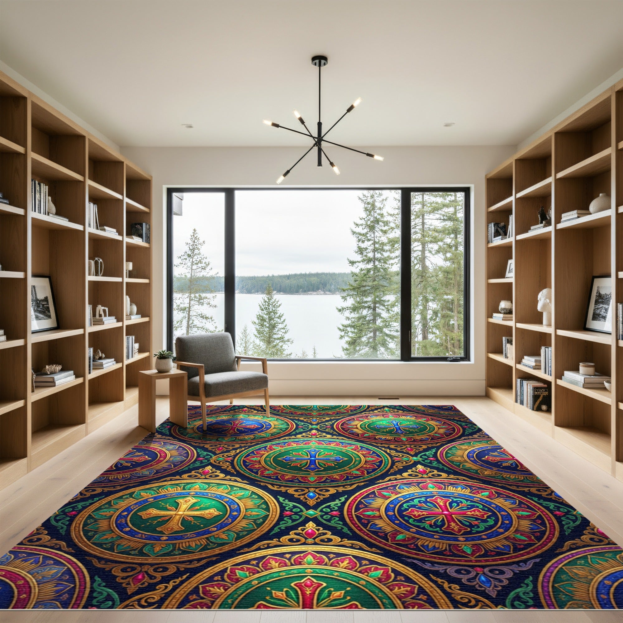 Ornate Jewel Tone Mandala Cross Tapestry Rug